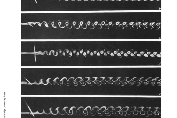 series of images using smoke to visualize how nearby air interacts with the vortex wake of a cylinder in flow